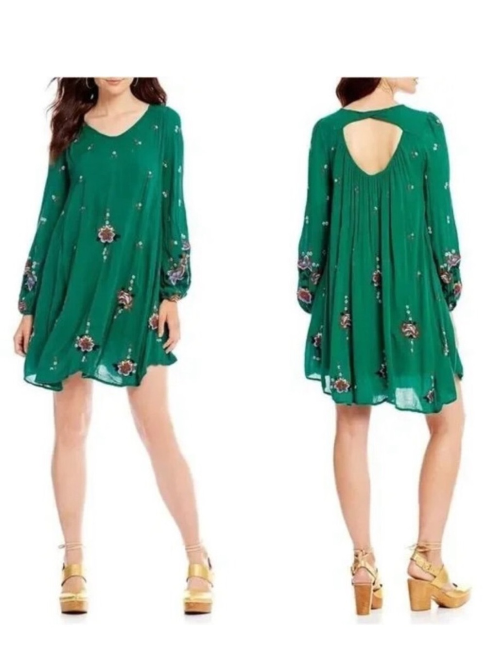 Free People Oxford Green Floral  Embroidered Long Sleeve Boho Swing Mini Dress S